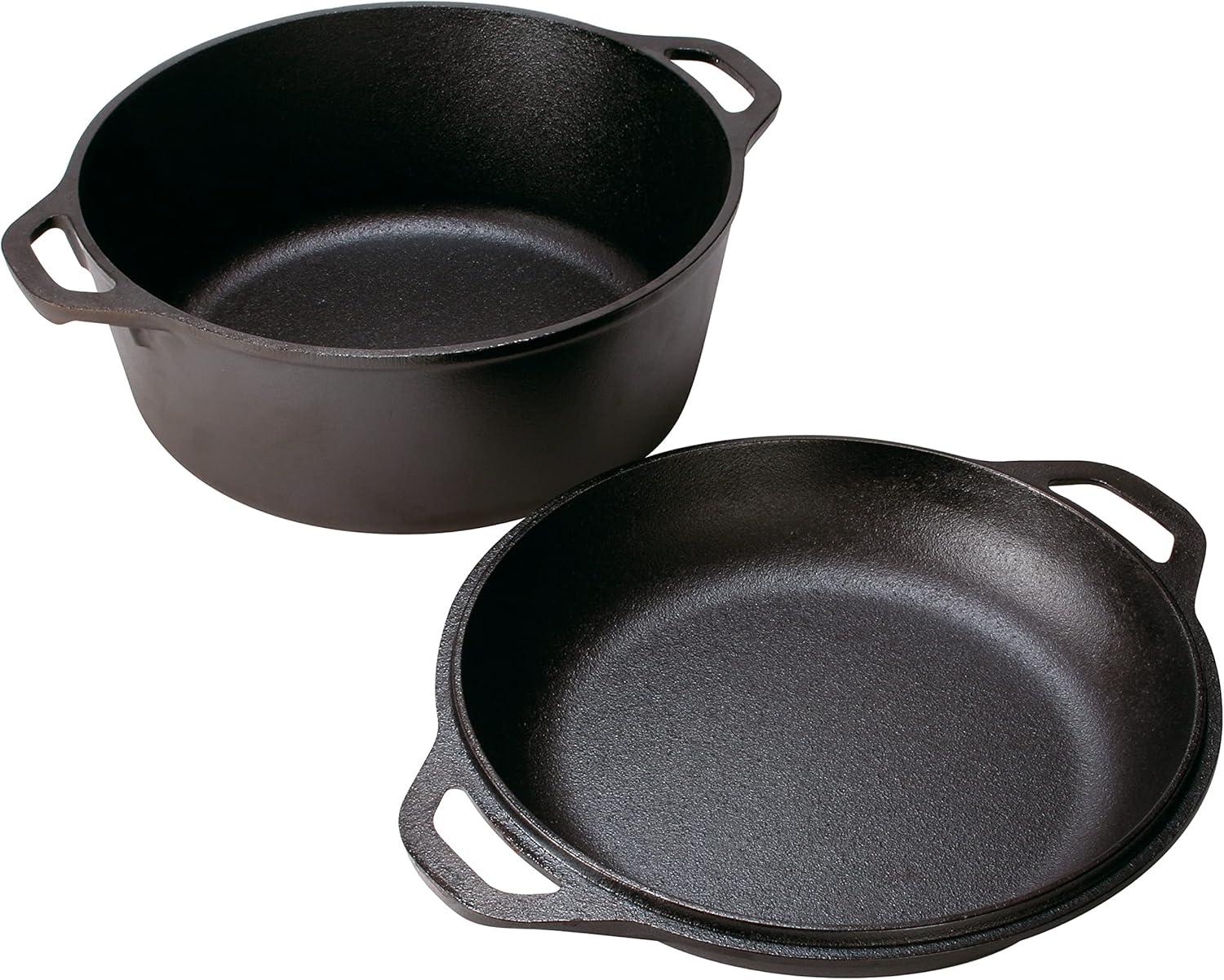 5-quart black cast iron Dutch oven and 10.25-inch cast iron skillet with handles