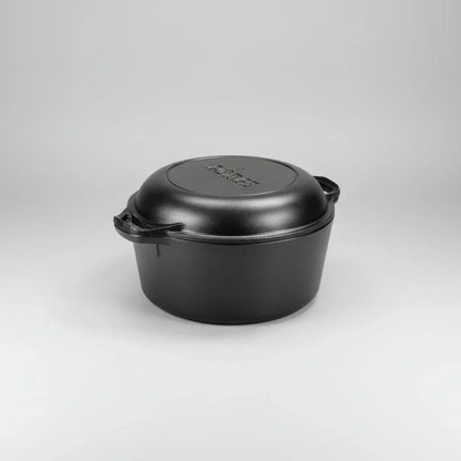 5-quart black pre-seasoned cast iron Dutch oven with double lids and side handles on plain background