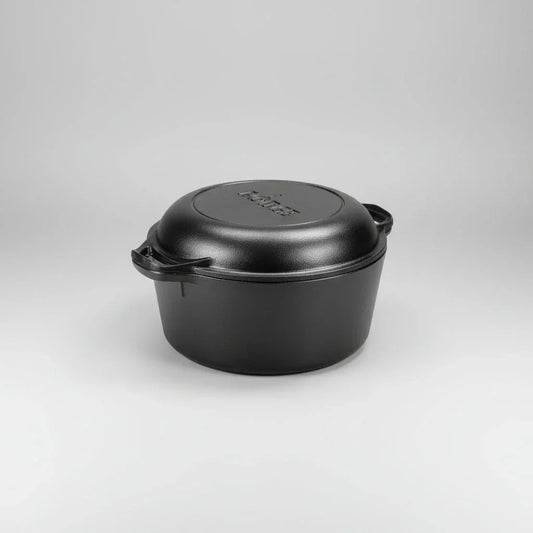 5-quart black pre-seasoned cast iron Dutch oven with double lids and side handles on plain background