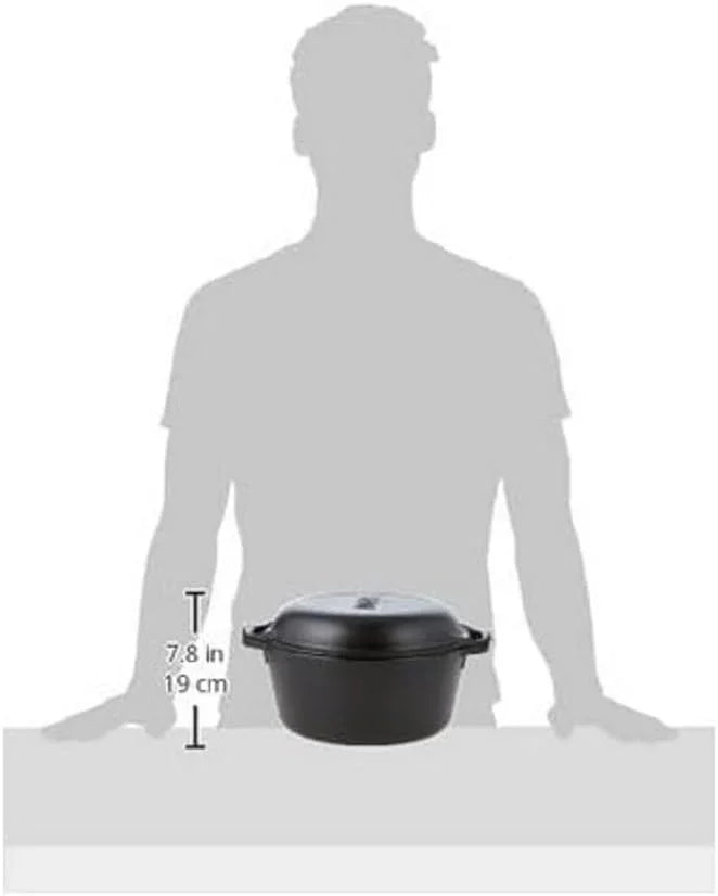 5-quart black cast iron double Dutch oven with pre-seasoned lid on kitchen counter, 7.8-inch height