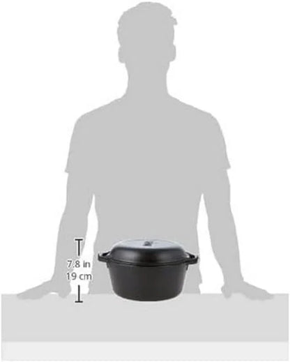 5-quart black cast iron double Dutch oven with pre-seasoned lid on kitchen counter, 7.8-inch height