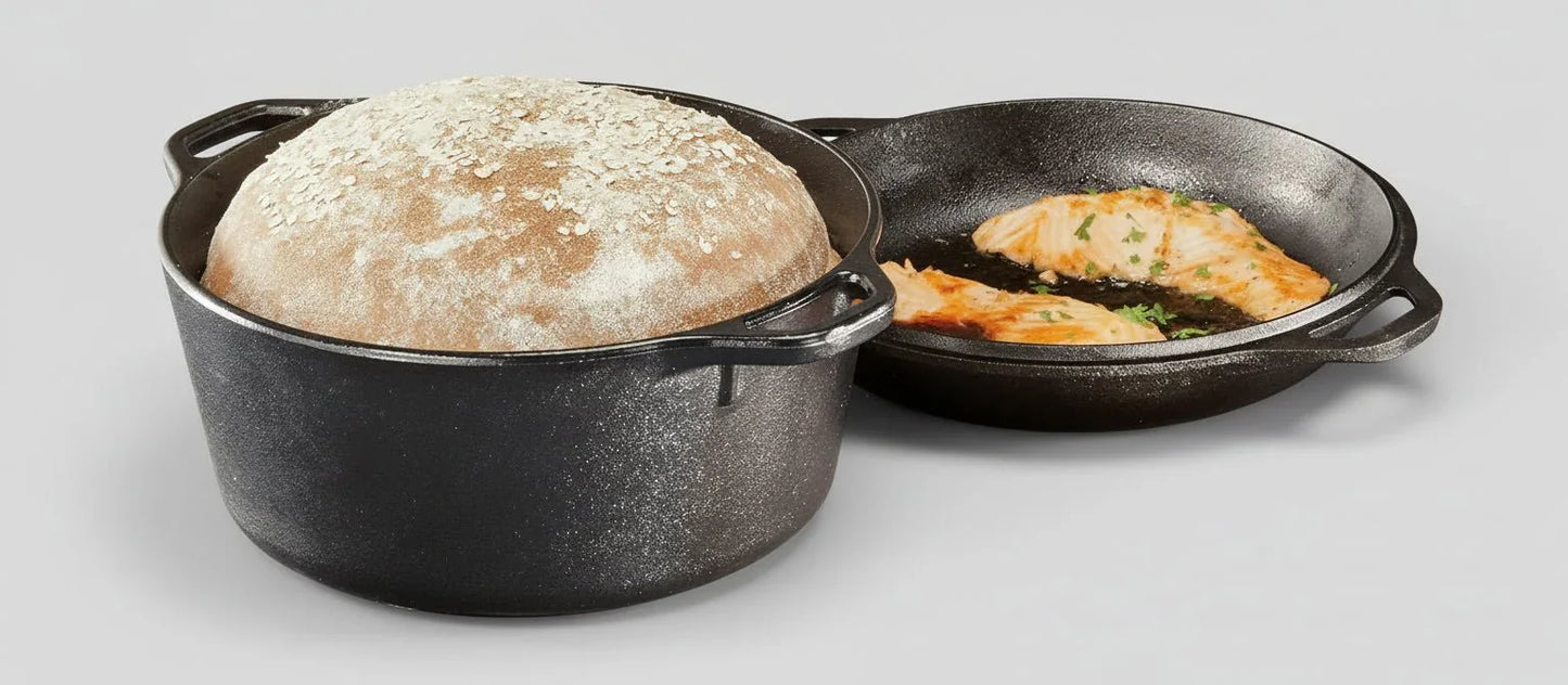 5-quart pre-seasoned cast iron double Dutch oven with bread and skillet lid cooking chicken