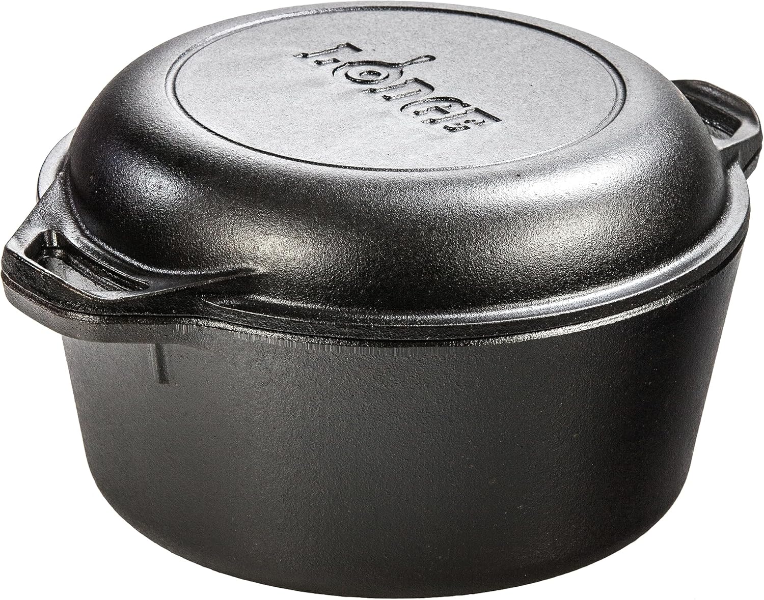 5 quart cast iron double Dutch oven with 10.25 inch skillet lid on a wooden countertop.