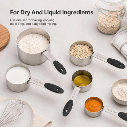 5-Piece Stainless Steel Measuring Cups with Non-Slip Handles, Kitchen Measuring Cups for Dry & Liquid Ingredients, Cooking & Baking, 1/8, 1/4, 1/3, 1/2 & 1 Cup, Black6