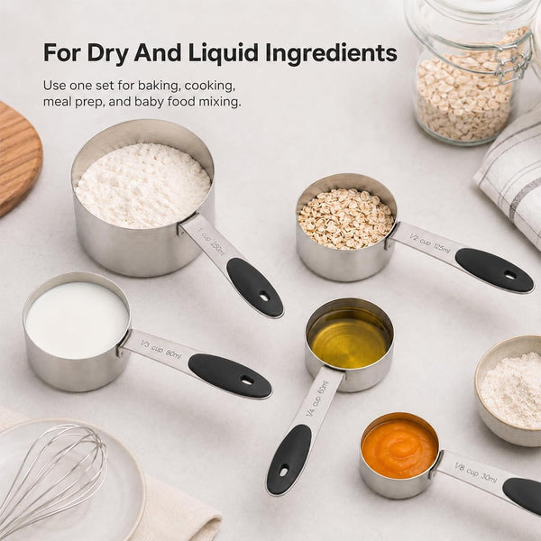 5-Piece Stainless Steel Measuring Cups with Non-Slip Handles, Kitchen Measuring Cups for Dry & Liquid Ingredients, Cooking & Baking, 1/8, 1/4, 1/3, 1/2 & 1 Cup, Black6