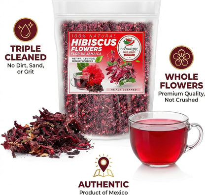 Hibiscus Flowers 1Lb (16Oz) – All Natural, Triple Cleaned - Whole Soft Flowers and Petals - Flor De Jamaica. Great for Hot or Iced Tea and Agua Fresca. by Amazing Chiles and Spices | Caffeine Free Tart Petals, Triple Cleaned. Brew Hot or Iced Hibiscus Tea, Sorrel & Cocktails. All Natural. Resealable Bag.8