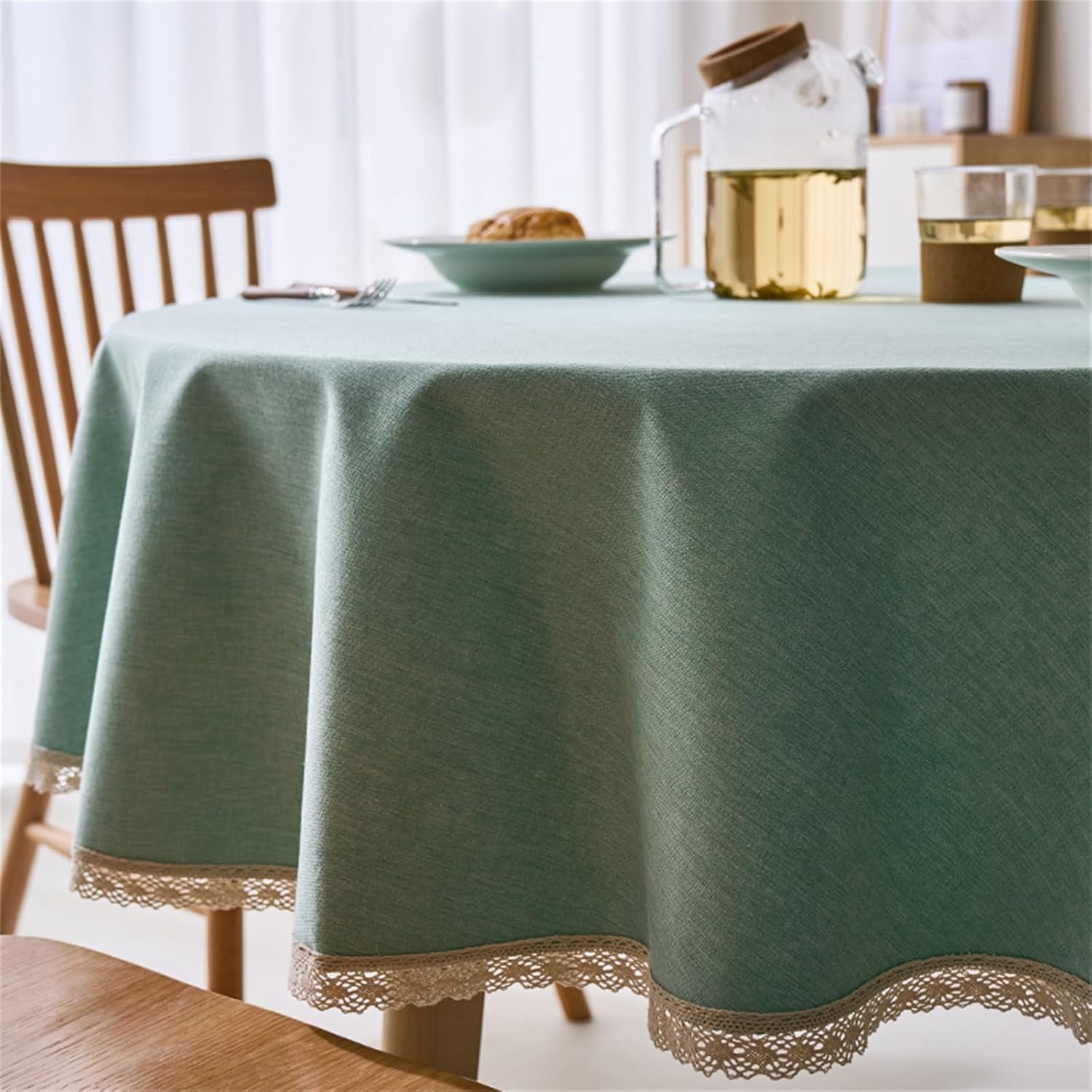 linen-textured-round-tablecloth-with-lace-trim-waterproof-spill-proof-table-cover-for-kitchen-dining-tabletop-decoration-green-round-48-inch