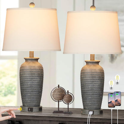 25" Farmhouse Jar Table Lamps Set of 2, 3 Way Touch Control Rustic Bedside Lamps with USB A+C Ports & AC Outlet, Pot Nightstand Lamps for Bedroom Living Room (LED Bulbs Included)1