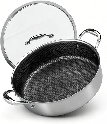 5Qt Hybrid Sauté Pan with Lid, Nonstick Braiser, Chicken Fryer | Non-Toxic Coating Pot, Dishwasher & Oven Safe, Induction Ready, Dual Cool Handle, 3-Ply Stainless Steel Clad for Fast Heat1
