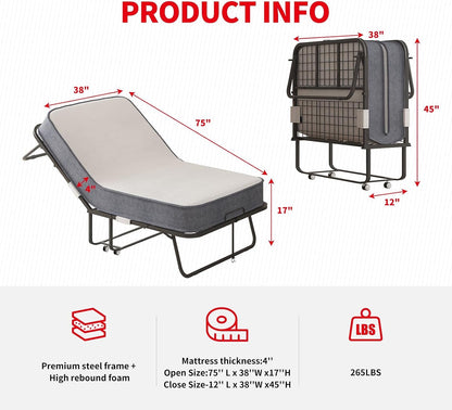 Folding Bed with 4 Inches Mattress, Portable Rollaway Guest Beds for Adults with Metal Frame & Swivel Wheels, Twin Size Foldable Bed Fold Away Beds Space Saving3