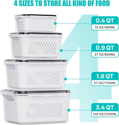 4 Pack Fruit Storage Containers for Fridge Set, Produce Containers for Fridge with Strainer, Plastic Reusable Fridge Organizers and Storage for Berry Salad Lettuce, Size 3.4, 1.8, 0.9, 0.4QT3
