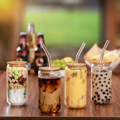 Drinking Glasses with Bamboo Lids and Glass Straw 4Pcs Set - 16Oz Glass Cups, Iced Coffee Glasses, Cute Iced Tea Glasses, Beer Glasses, Ideal for Coffee Bar Accessories, Aesthetic Gift - 2 Brushes3