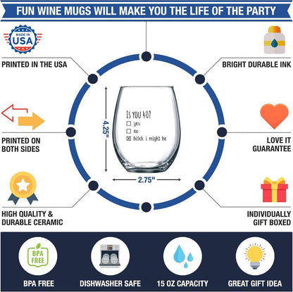 40Th Birthday Gifts for Women and Men Wine Glass - Funny Is You 40 Gift Idea for Mom Dad Husband Wife – 40 Year Old Party Supplies Decorations for Him, Her - 15Oz9