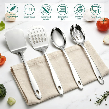 Stainless Steel Spatula Spoon Set, 4PCS Large Cooking Utensils Set with Thickened Edge, Heat Resistant Cooking Spatula Set, Metal Solid and Slotted Turners, Serving Spoon2