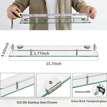 Glass Bathroom Shelves, Rectangular Tempered Glass Floating Shelves for Wall with 304 Stainless Steel Rail and Zinc Alloy Bracket, 2 Pack2
