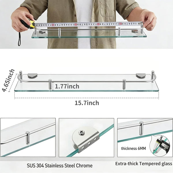 Glass Bathroom Shelves, Rectangular Tempered Glass Floating Shelves for Wall with 304 Stainless Steel Rail and Zinc Alloy Bracket, 2 Pack2