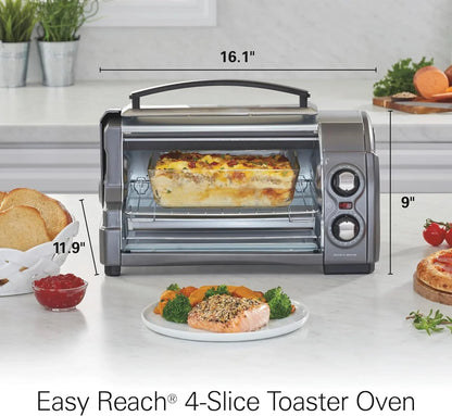 Easy Reach 4 Slice Countertop Toaster Oven | Roll-Top Door for Easy Access | Bake, Broil & Toast Functions | 200 to 450ºf Adjustable Temp | Auto Shutoff | Silver8