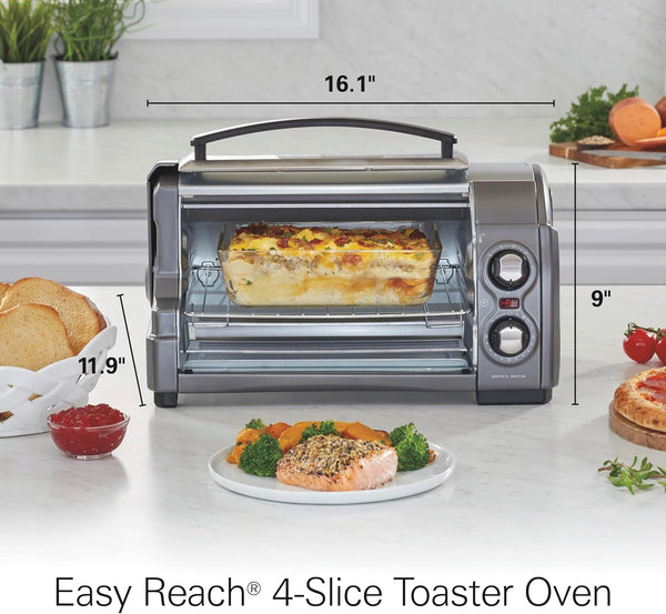 Easy Reach 4 Slice Countertop Toaster Oven | Roll-Top Door for Easy Access | Bake, Broil & Toast Functions | 200 to 450ºf Adjustable Temp | Auto Shutoff | Silver8