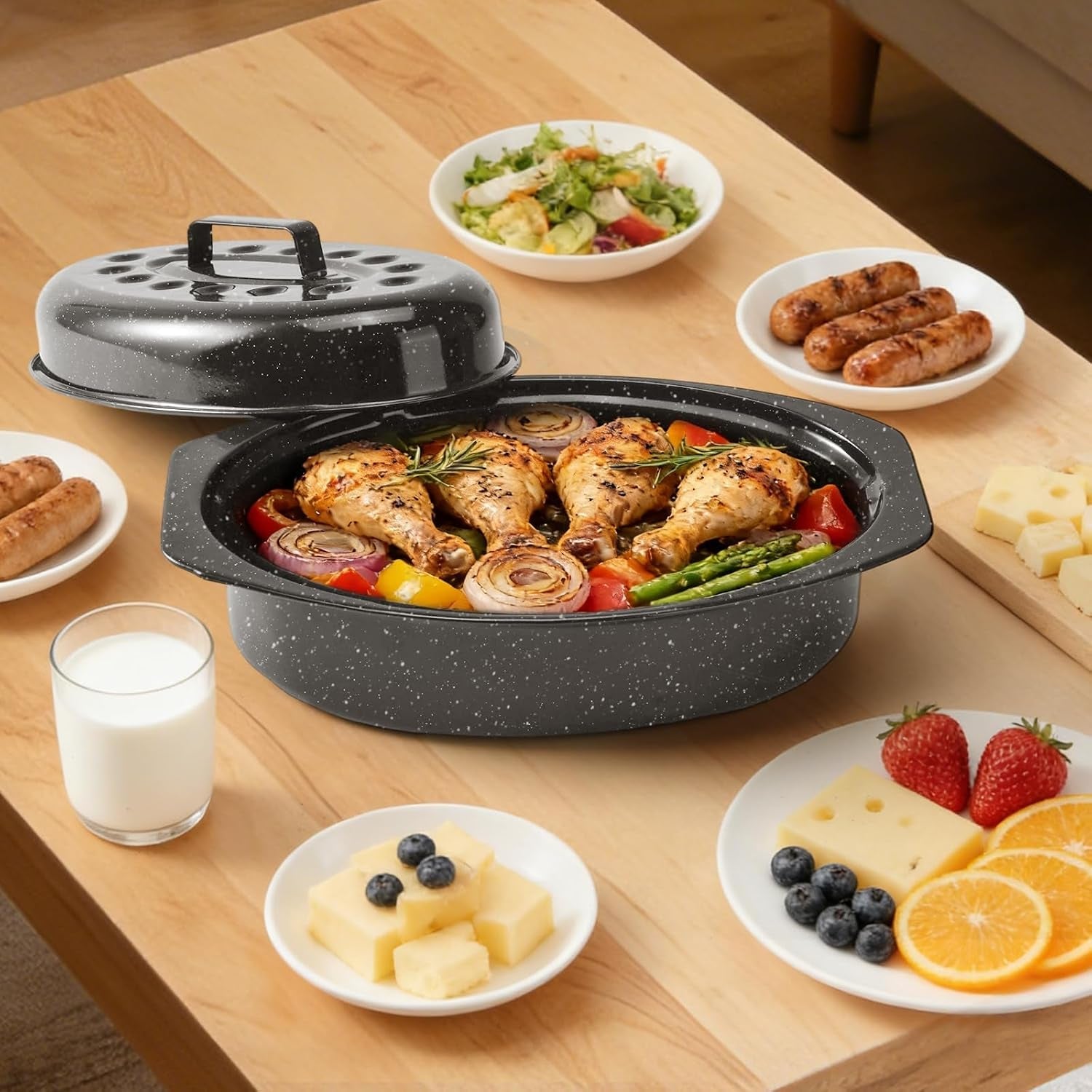 13-roasting-pans-for-ovens-porcelain-enameled-steel-oval-roaster-pan-with-domed-lid-for-small-turkey-chicken-vegetable-lamb-sourdough-bread