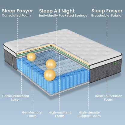 Queen Mattress,12 Inch Hybrid Queen Size Mattresses in a Box: Medium Firm,Memory Foam & Pocket Springs for Pressure Relief, Motion Isolation,Certipur-Us Certified,No Fiberglass,365-Night Trial2