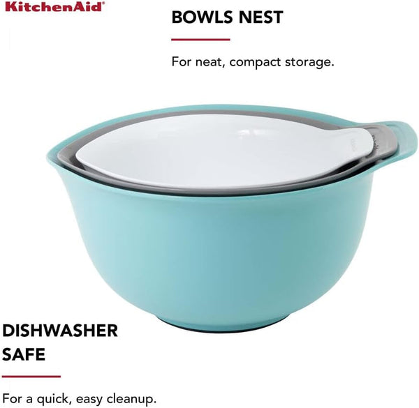 Kitchenaid Universal Nesting Plastic Mixing Bowls, Set of 3, 2.5 Quart, 3.5 Quart, 4.5 Quart, Non Slip Base with Easy Pour Spout to Reduce Mess, Dishwasher Safe, Aqua Sky, White, Gray5