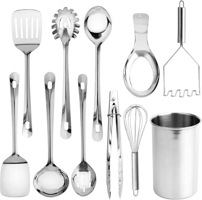 Kitchen Utensil Set - Premium Nonstick & Heat Resistant Kitchen Gadgets, Turner, Spaghetti Server, Serving Spoons, Whisk, Tongs, Masher & Utensil Holder, 10-Piece Stainless Steel1