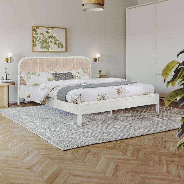 Meridian Furniture Sienawhite-K Siena Collection Mid-Century Modern King Bed with Solid Ash Wood, Rich Off-White Finish on Ash Veneer, Natural Cane, 79" W X 85.5" D X 43" H, White, King2
