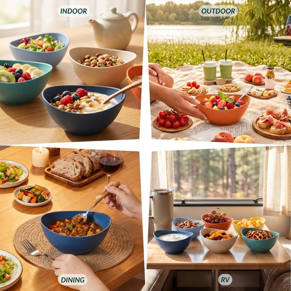 Wheat Straw Bowls 26 OZ Oval Serving Bowls 6 PCS Unbreakable Plastic Cereal Bowls for Kitchen, Party, Camping, Dorm, RV Bowl Set for Soup, Salad, Snack, Microwave and Dishwasher Safe (Multi)8