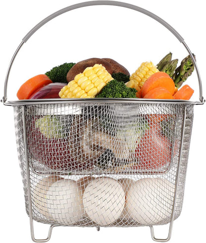 Steamer Basket for Instant Pot Accessories 6 Qt or 8 Quart - 2 Tier Stackable 18/8 Stainless Steel Mesh - Silicone Handle - Vegetable Steamer Insert, Egg Basket, Pasta Strainer,Silver1