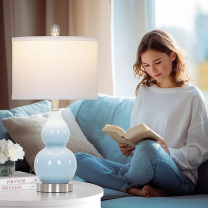 22" Double Gourd Ceramic Table Lamps Set of 2, Blue Modern Bedside Lamps for Living Room, Contemporary Nightstand Desk Lamps for Bedroom End Table Home Office Study Room Decor(2 LED Bulbs Included)4