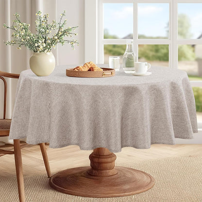 round Table Cloth Faux Linen Farmhouse Tablecloth Wrinkle and Stain Resistant Decorative Fabric Table Cover for Kitchen, Dining Room, Parties and Camping, Stone, 90 Inch Round2