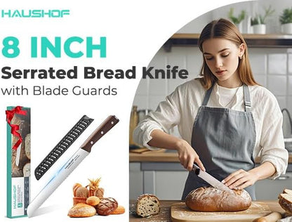 Bread Knife with Sheath, 8-Inch Serrated Bread Knife for Homemade Bread, 5Cr15Mov Premium Stainless Steel Bread Cutter with Gift Box for Mom Dad, Full Tang and Ergonomic Handle8
