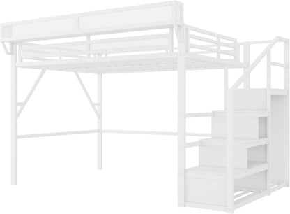Queen Size Loft Bed with Stairs and Storage, Metal Loft Bed Frame with Bedside Shelf and Large Under-Bed Space, Heavy-Duty Loft Beds for Adults Teens and Kids, Convertible Staircase, White8