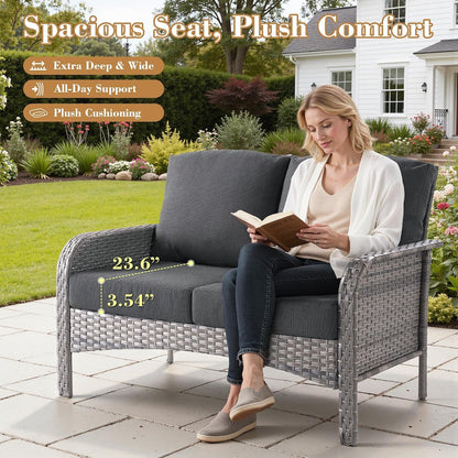 5 Pieces Patio Furniture Set, All Weather Rattan Patio Conversation Sets with Swivel Rocking Chairs, Coffee Table, High Back Outdoor Furniture Loveseat for Porch, Backyard, Black4
