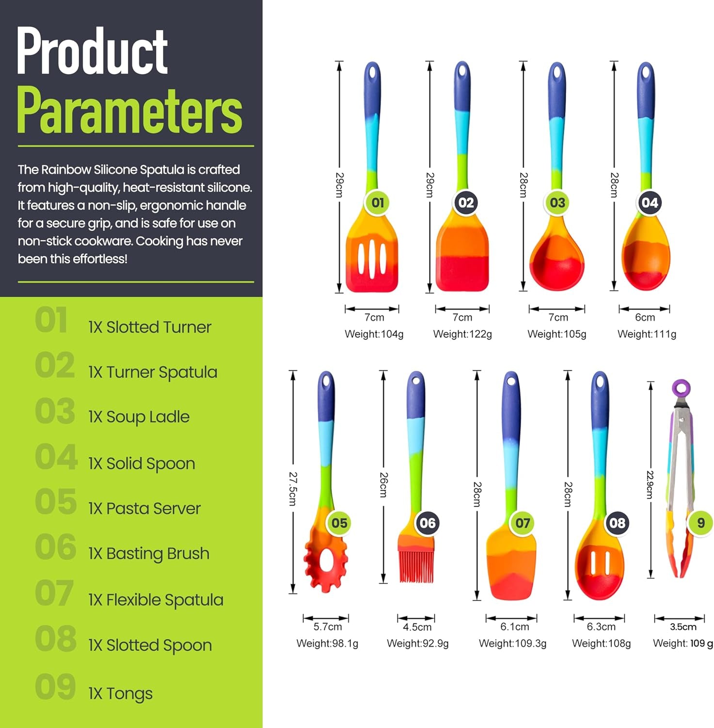 9-piece-rainbow-silicone-spatula-set-with-tongs-multicolor-heat-resistant-cooking-utensils-for-nonstick-cookware-flexible-turner-spoon-spatula-brush-fda-safe