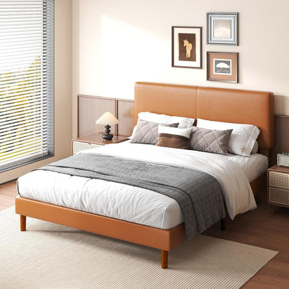 Queen Upholstered Platform Bed Frame with Headboard, Faux Leather Modern Bed Frame with Wood Slat Support, No Box Spring Needed, Easy Assembly, Orange-Brown7