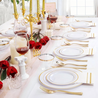 350PCS White and Gold Plastic Plates Dinnerware Set for Wedding3