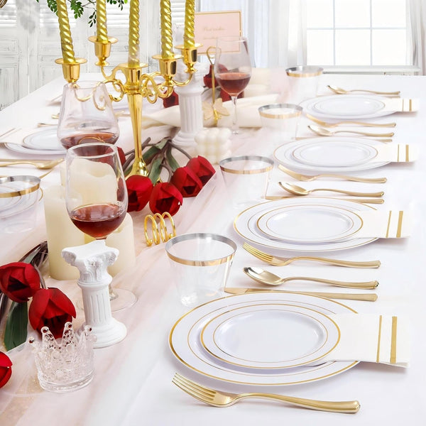 350PCS White and Gold Plastic Plates Dinnerware Set for Wedding3