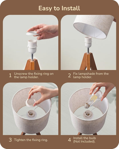 Tripod Table Lamp, Small Cute Bedside Lamp, 14.2 Inch, E26 Base | Light Brown Wooden Base, Linen Beige Lampshade, Nightstand Lamp for Nursery, Bedroom, Kid Room, Living Room4