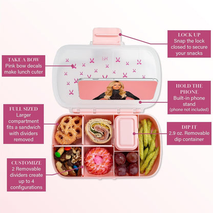 2-Pack Bento Style Snack Boxes, 7-Compartment Lunch Containers with Built-In Phone Stand, Removable Dividers and Dip Containers, Pink Bow Print2