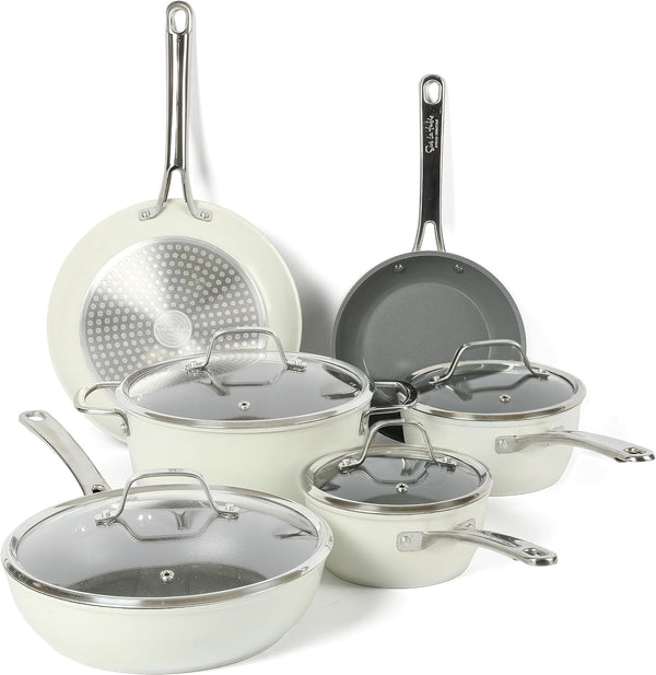 Sur La Table Kitchen Essentials 10 Piece PFA Free Non-Toxic Titanium Ceramic Nonstick Interior Forged Aluminum Cookware Pots and Pans Set - Linen White - Induction Compatible1