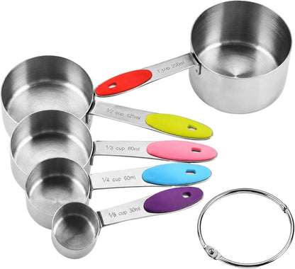 5-Piece Stainless Steel Measuring Cups with Non-Slip Handles, Kitchen Measuring Cups for Dry & Liquid Ingredients, Cooking & Baking, 1/8, 1/4, 1/3, 1/2 & 1 Cup, Colorful8