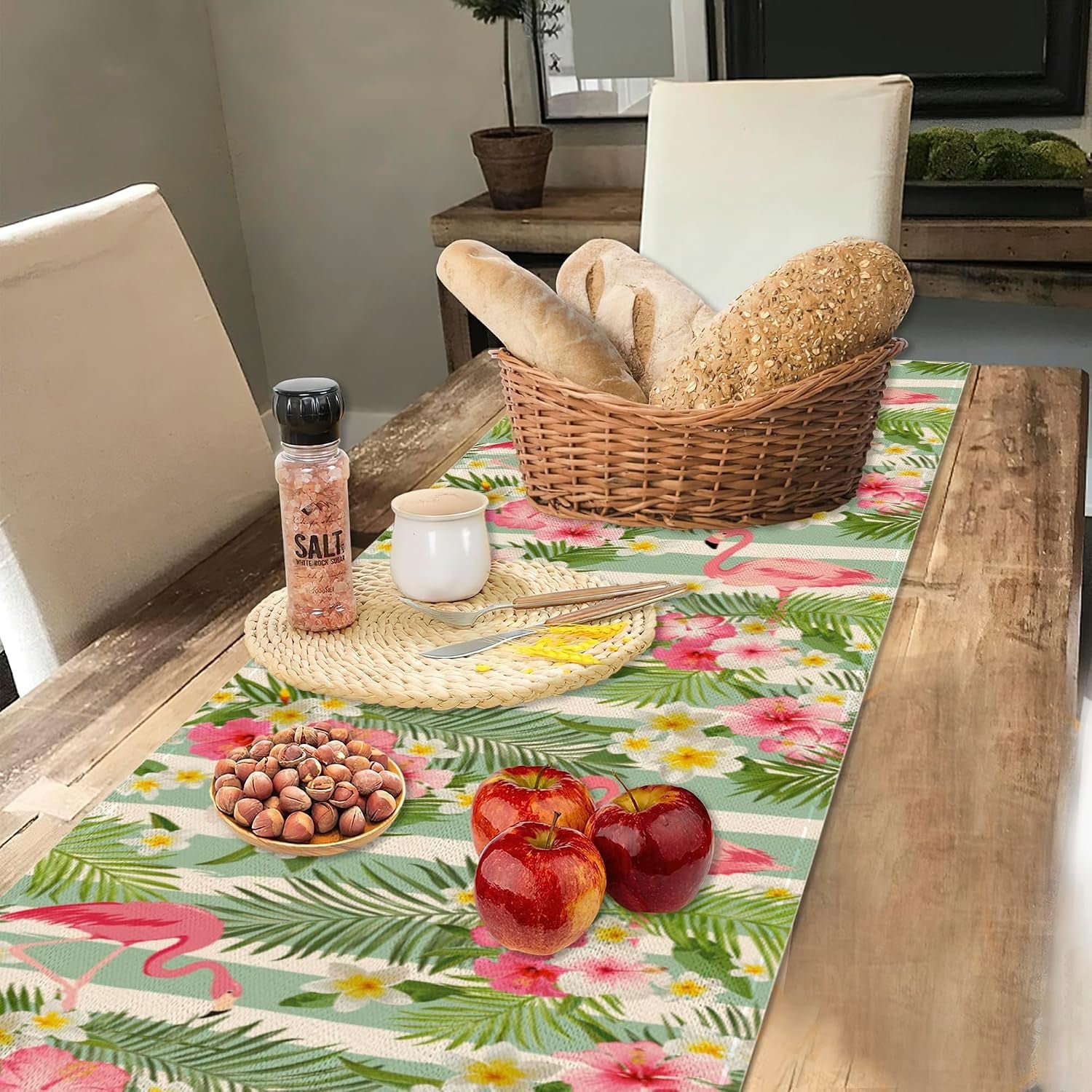 flamingo-palm-leaf-hibiscus-table-runner-dresser-scarves-seasonal-linen-tablerunner-for-indoor-outdoor-kitchen-home-party-holiday-dining-table-decor-13-x-70-inch