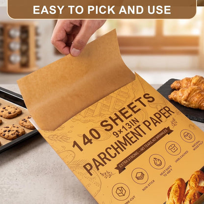 140 Pcs Parchment Paper Sheets 9X13 In, Precut Parchment Paper for Baking | Non-Stick Unbleached Baking Paper Sheets for Air Fryer, Oven, Microwave. Heavy-Duty, Food-Grade, Oil-Proof, Natural Brown4