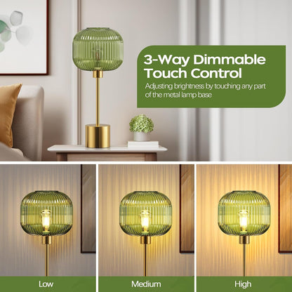 Glass Table Lamp for Living Room, Modern Bedside Lamp with Green Ribbed Glass Shade, 3-Way Dimmable Touch Control Nightstand Lamp for Bedroom, Brushed Gold (2700K LED Bulb Included)2