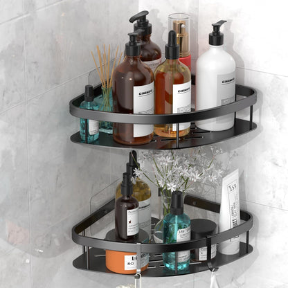 Wall Mounted Shower Organizer - 2 Pack No Drilling Adhesive Corner Shelf, Bathroom Shower Shelves with Hooks, Suction Cup (Black 2LBAT)1