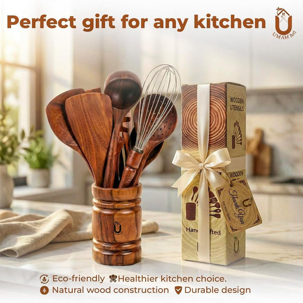 11-Piece Teak Wooden Utensil Set with Holder, Non-Toxic Natural Teak Cooking Utensils, Heat-Resistant Wooden Spatula, Wok Turner, Spaghetti Server, Soup Ladle, Whisk & Tongs2