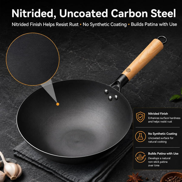 12.6 Inch Carbon Steel Wok Pan with Glass Lid and Spatula, Nitrided Flat Bottom Wok Set, Uncoated Stir Fry Pan for 2-4 Servings, Gas, Electric, Ceramic and Induction Cooktops4