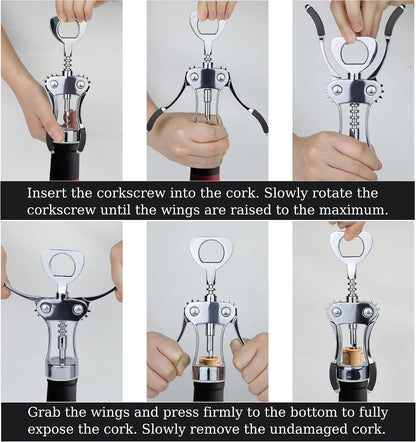 Wine Opener, Heavy-Duty Zinc Alloy Wing Corkscrew, Premium Beer Bottle Opener, Multifunctional Wine Accessories with Ergonomic Handle and Sharp Screw, for Kitchen, Bar, Restaurant (SILVER)8