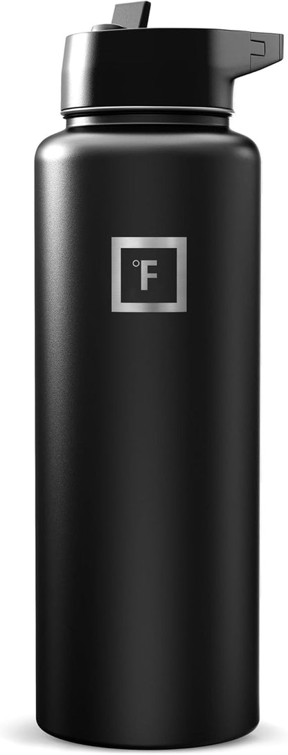 40 Oz Wide Mouth Water Bottle with Straw | Insulated Stainless Steel Sports Water Bottle with Leakproof Straw Lid - BPA Free, Cold 24 Hrs, Sweat Free (Midnight Black)1